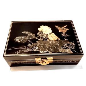 Vintage Asian Laquer Ware Carved Stone Jewelry Box
